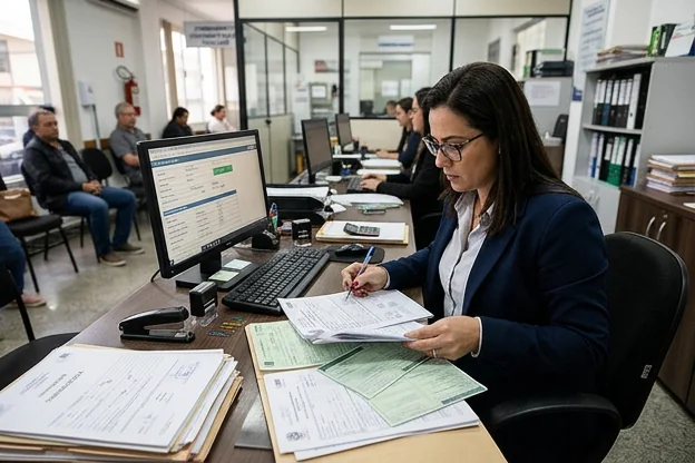 Profissional revisando documentos para transferência de veículo em Barueri.